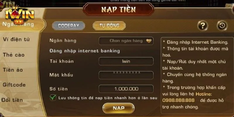 IWIN - IWINCLUB Link Tải App Cá Cược Game Bài Casino Siêu Hot 22 Quy trình nạp tiền tại trang chủ IWIN được thực hiện rất dễ dàng.